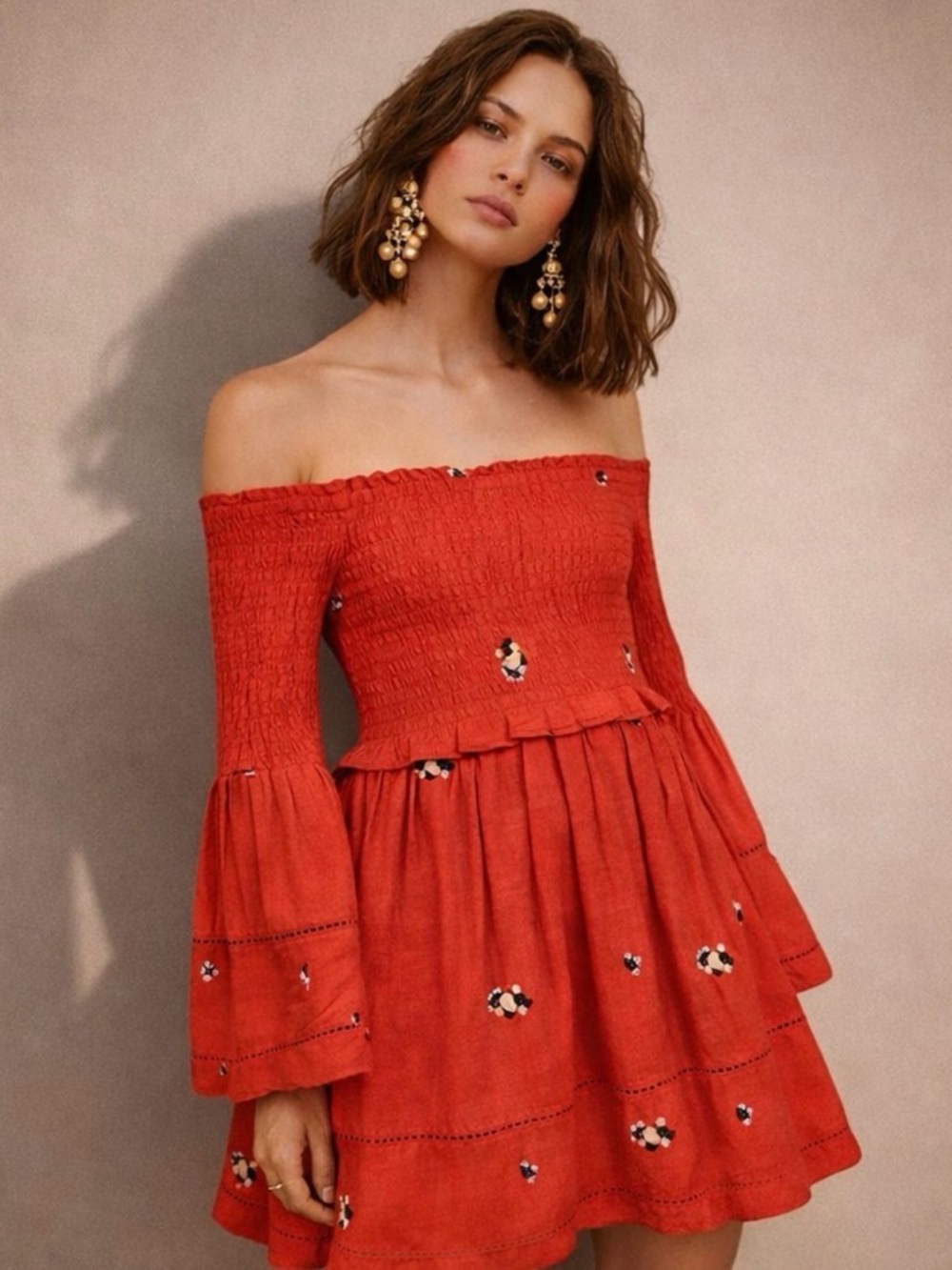Free People Counting Daisies Bell Sleeve Off-Shoulder Red Embroidered Mini Dress